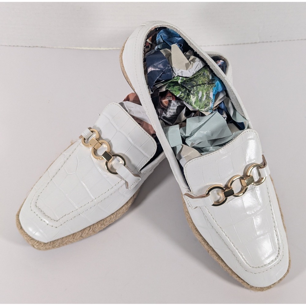 Schutz Patty White Croc Embossed Leather Espadrille Loafers Gold Chain Size 8B